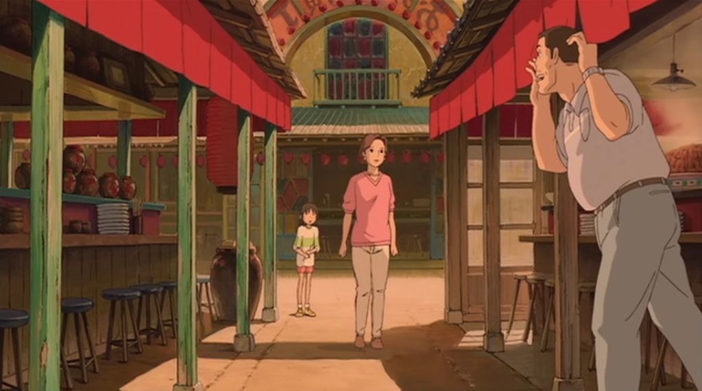 Scene from Sen to Chihiro (or spirited away). Ghibli being faithful to life in keeping the background worn.